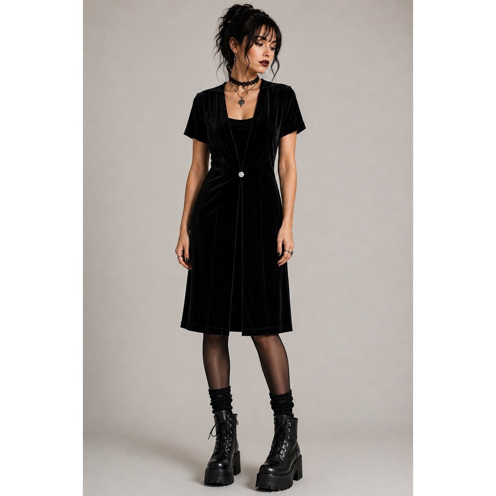 90s Black Velour Layered Shift Dress Size 12 Goth Evening Dress Witchy